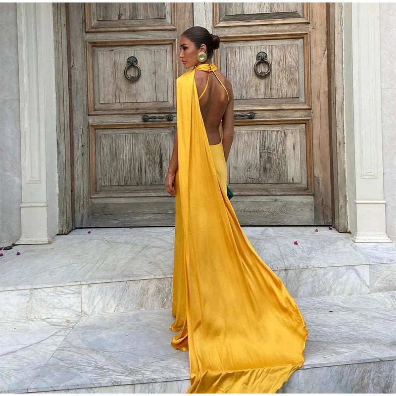 Abito da sera in raso con fiocco per donna – abito elegante schiena scoperta