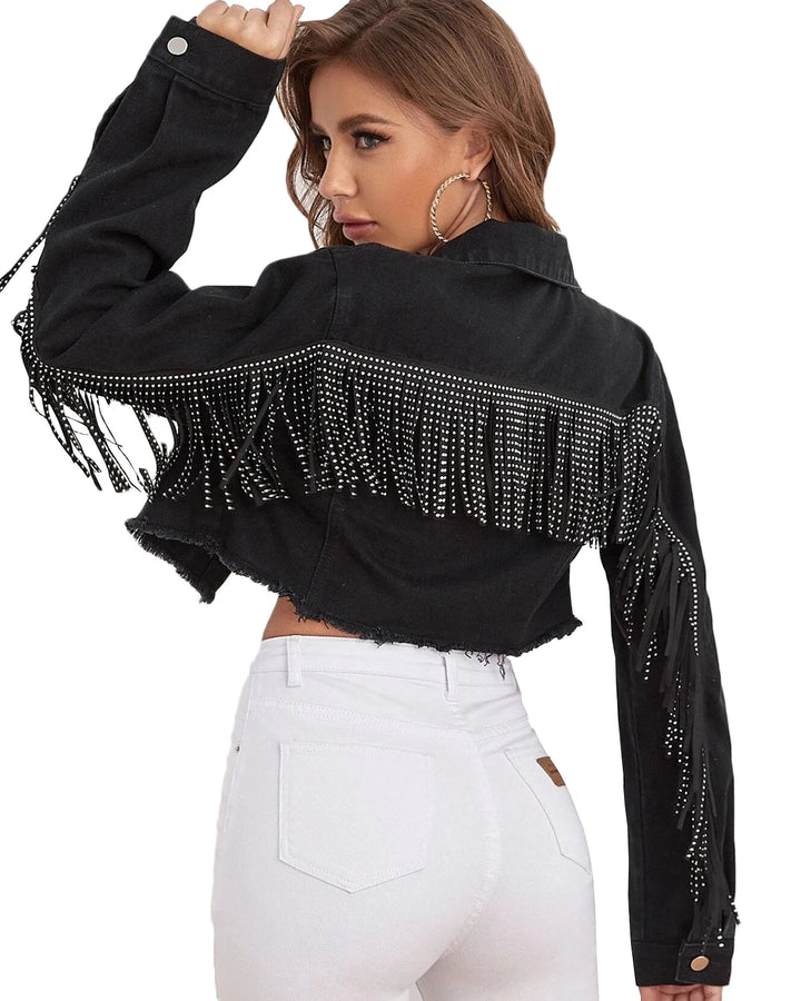 Giacca di jeans cropped con frange e strappi – giacca donna in stile western e boho