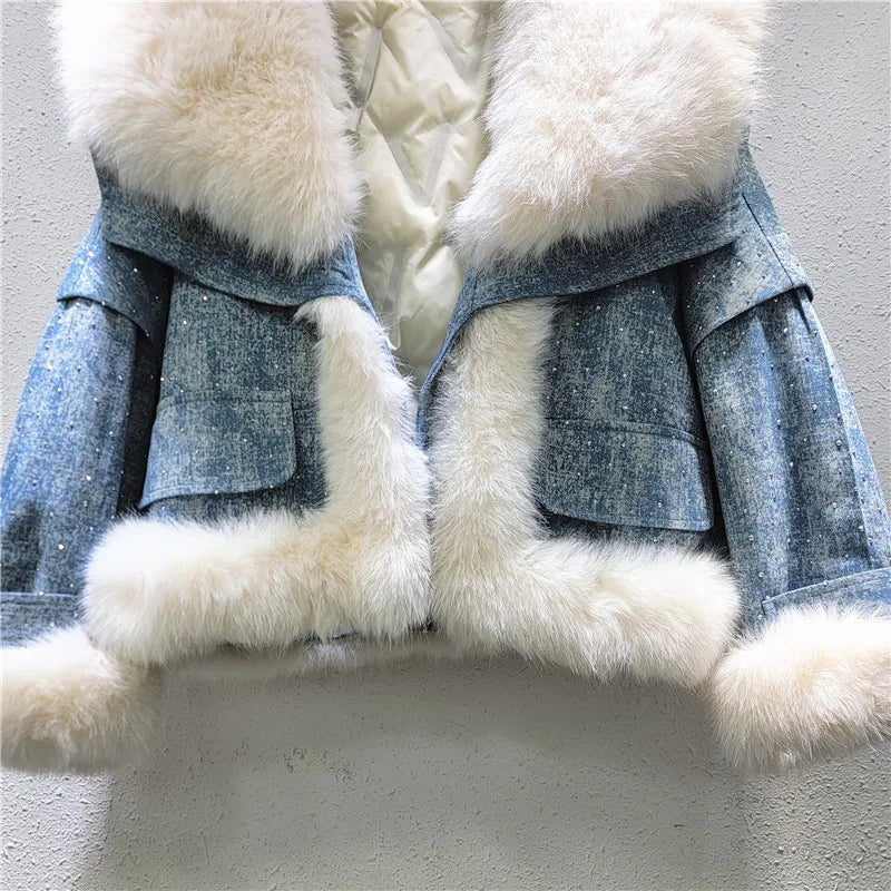 Parka imbottito donna con collo in pelliccia sintetica volpe + perline & strass – giacca elegante con beading