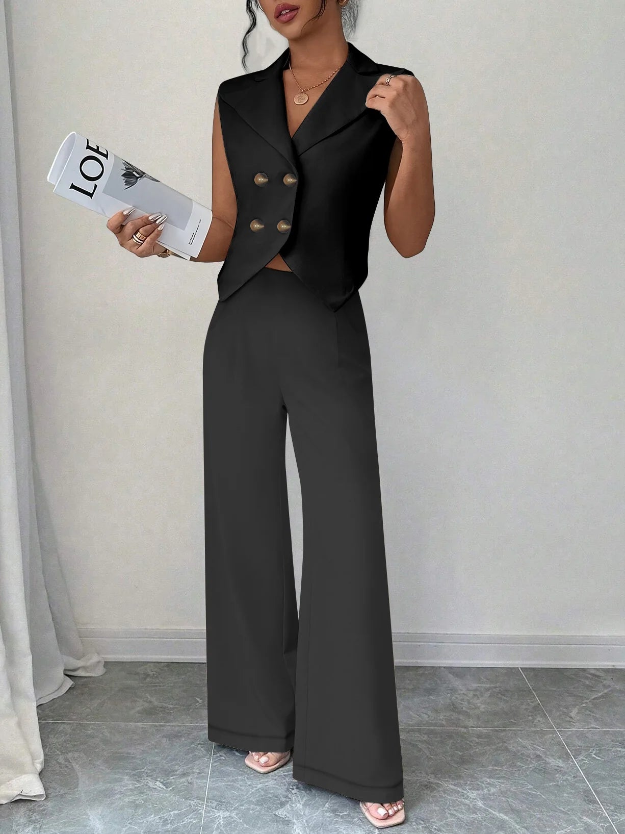Completo donna 2 pezzi 2025 – top smanicato e pantaloni wide-leg a vita alta, elegante e casual