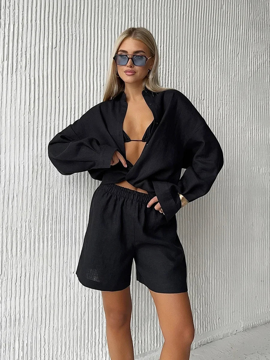 Completo donna Wolfeel 2025 – shorts vita alta in cotone e camicia con collo revers, casual summer