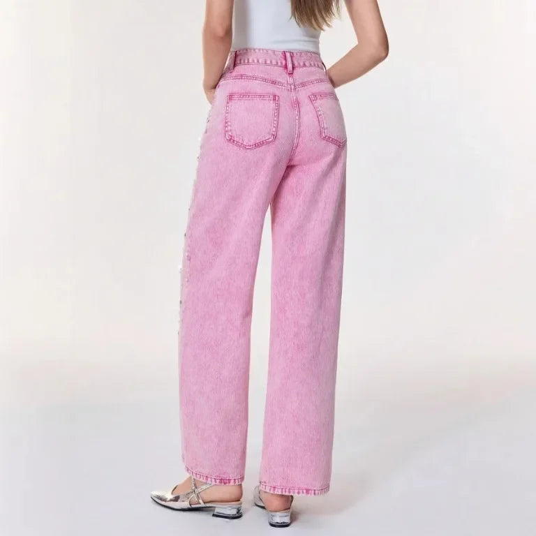 Jeans vita alta donna 2025 – denim lavaggio washed, gamba dritta con applicazioni in perle, stile trendy casual