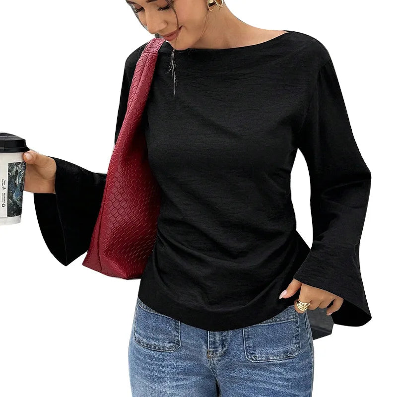 Maglia nera manica lunga con cappuccio da donna – stile elegante per pendolarismo, primavera/autunno, colore puro, poliestere, scollo rotondo