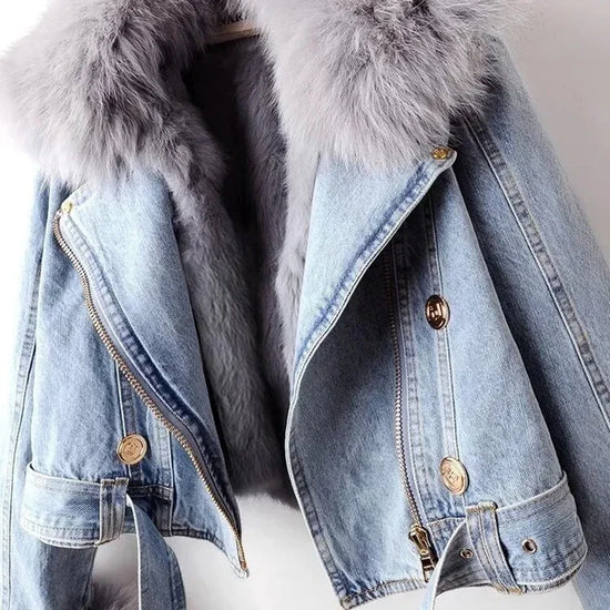 Giacca in denim con colletto in pelliccia di volpe sintetica per donna – Giacca corta imbottita con fodera in pelliccia di coniglio, per l'inverno