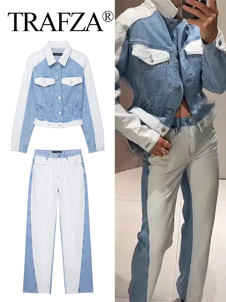 Set patchwork denim donna 2025 ‒ completo giacca monopetto + pantaloni wide-leg, look autunnale fashion con tasche