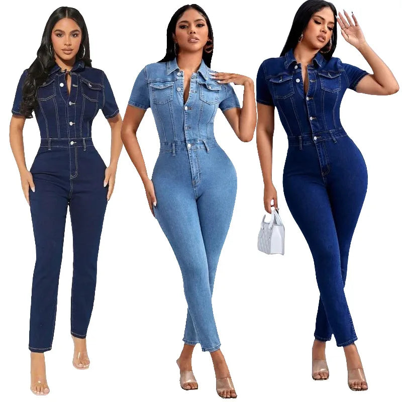 Jeans salopette skinny donna 2025 ‒ denim stretch blu con bottoni, jumpsuit casual con colletto a rever