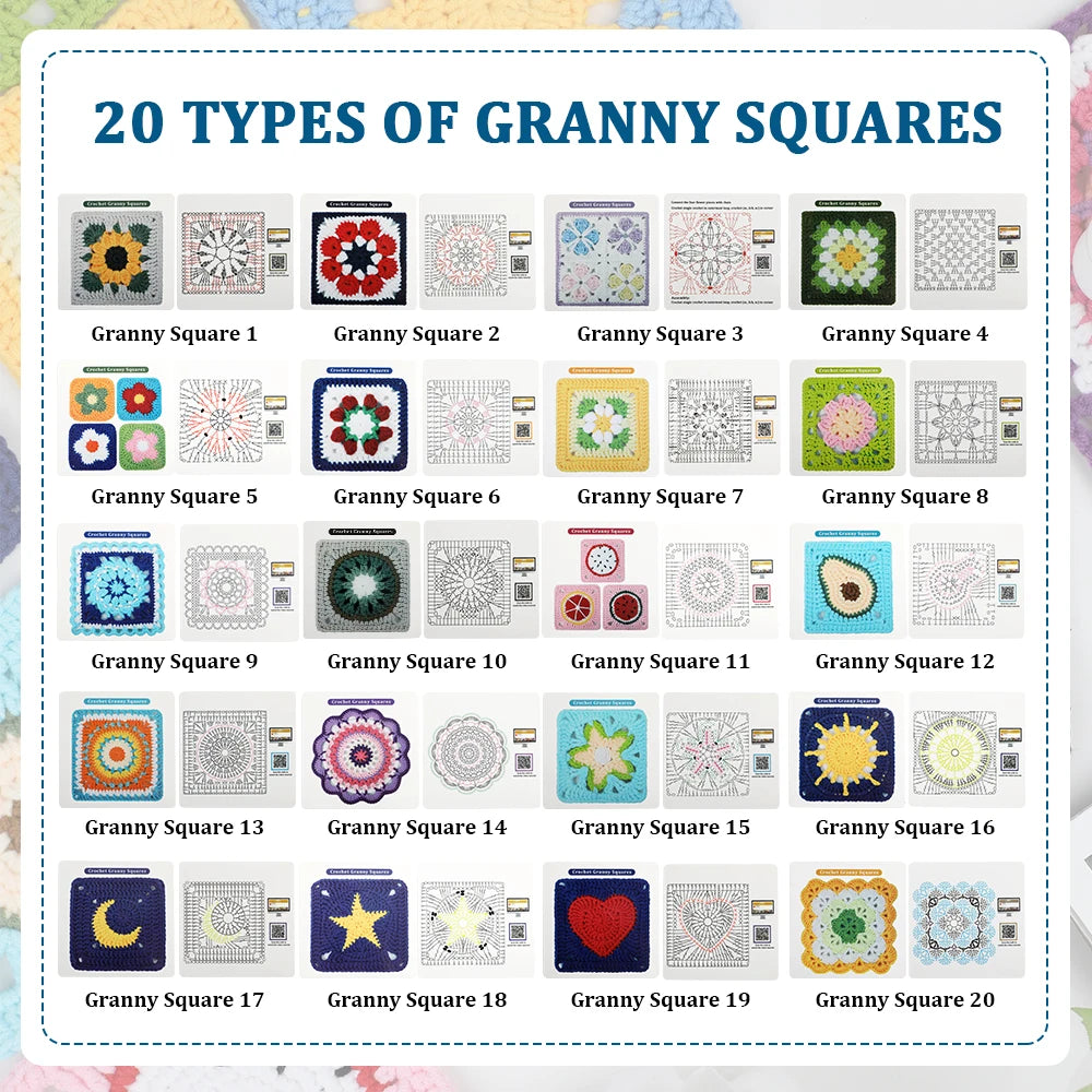 Set 20 carte modelli knitting / crochet – Kit modelli granny square fai-da-te per principianti