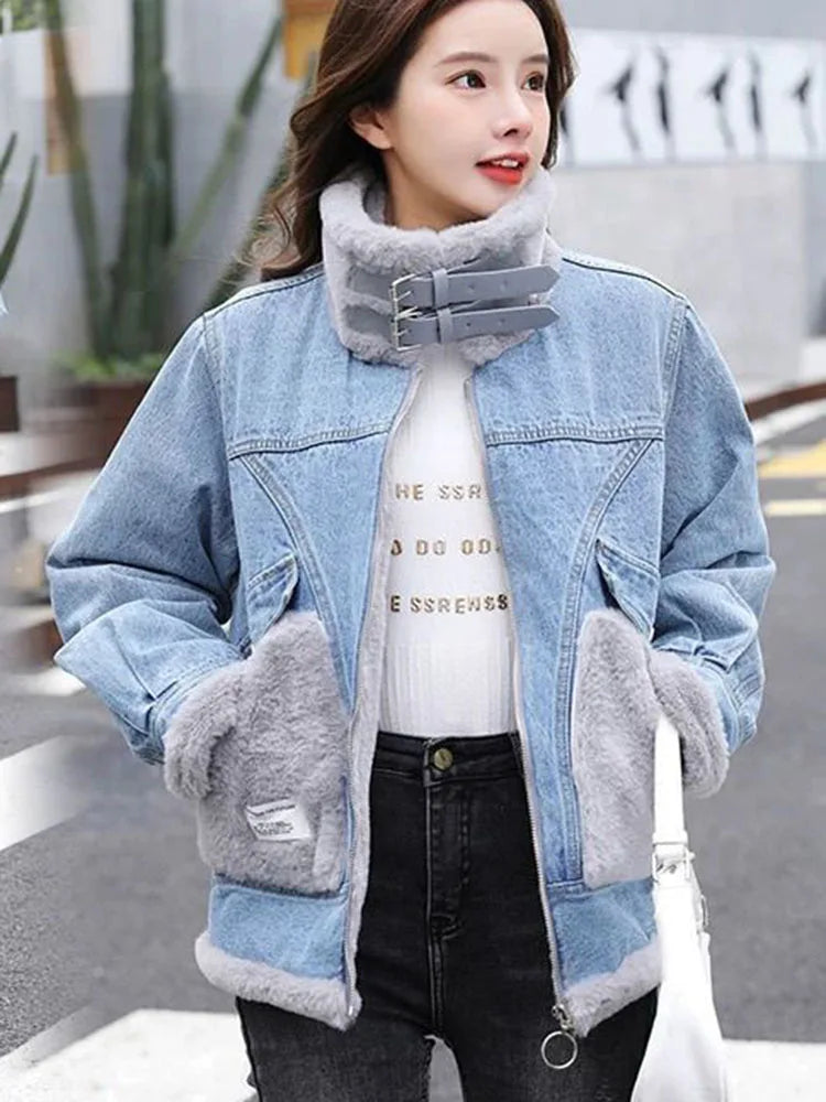 Giacca denim imbottita con pile fissato 2025 – giubbotto baggy da donna con colletto alto e interno caldo