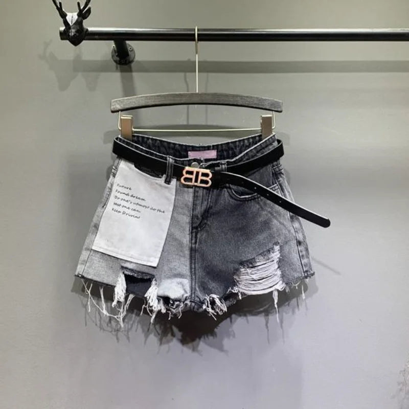 Denim shorts donna estate 2025 bicolore – vita alta, gamba larga, grafica e strappi – look urbano e trendy