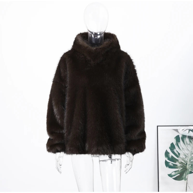 Felpa donna effetto pelliccia marrone con cappuccio