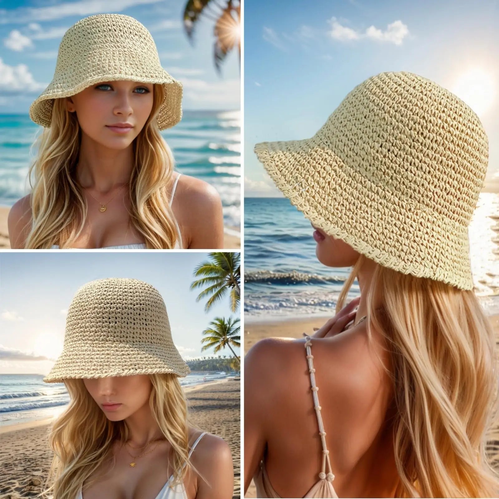 Cappello Estivo Donna in Paglia Khaki Beige o Rosa – Protezione UV e Stile Casual per la Spiaggia
