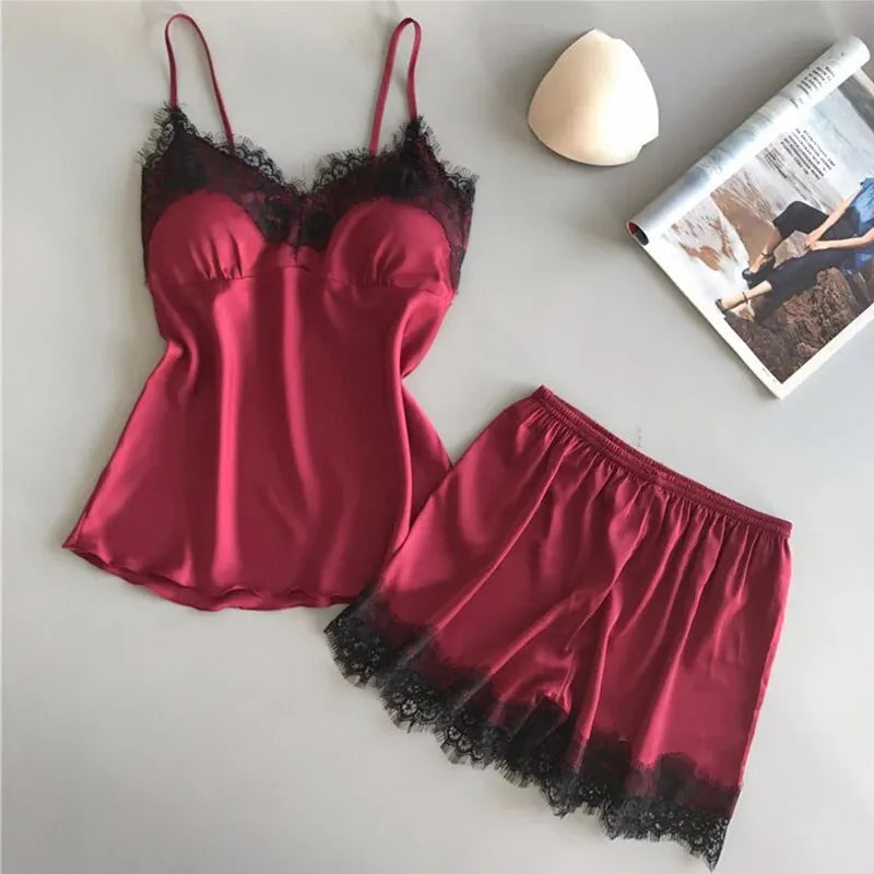 Pigiama donna sexy con pizzo | Completo due pezzi estivo in raso con pantaloncini | Pigiama elegante V-neck pizzo per dormire e sedurre