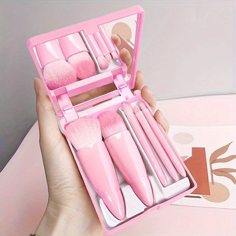 Set Pennelli Trucco Portatile 5 pezzi con Specchio – Kit Makeup da Viaggio