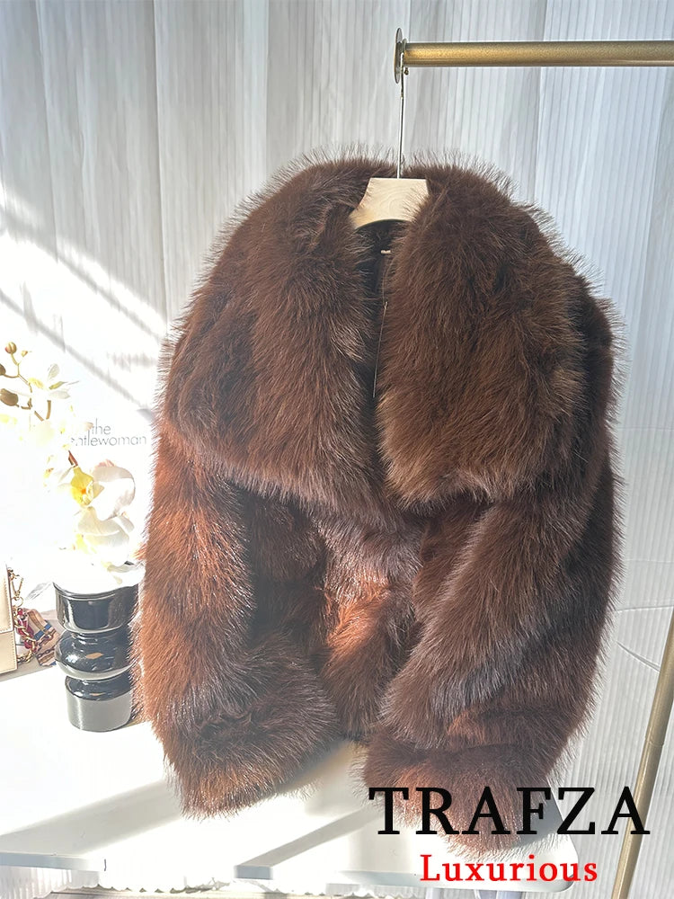 Giacca in pelliccia sintetica marrone con scollo a V per donna – Giacca lunga a maniche lunghe, stile casual elegante per l'autunno/inverno