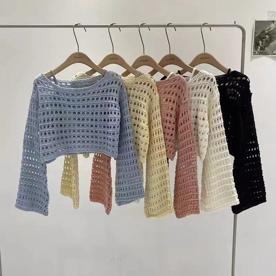 Top a manica lunga in maglia crochet donna –  boho chic trasparente