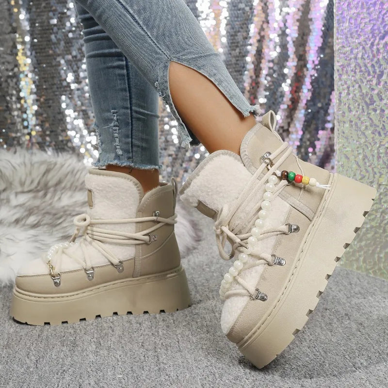 Stivali da neve donna invernali pelliccia – short boots imbottiti lamb-fur, punta tonda, stile retrò per città e montagna