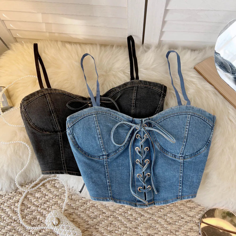 Top Denim Corsetto con Reggiseno Integrato – Crop Top Donna