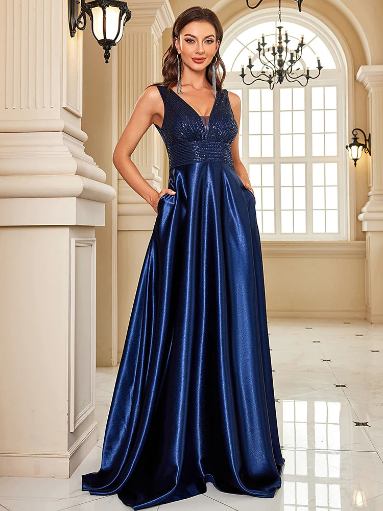 Abito Lungo Elegante Donna con Paillettes e Scollo V – Vestito Cerimonia Matrimonio