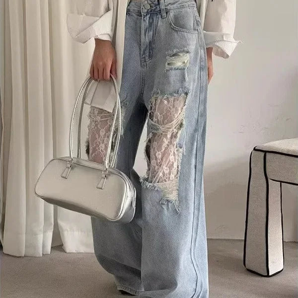 Jeans patchwork denim con inserti in pizzo – pantaloni larghi donna casual stile ribelle 2025