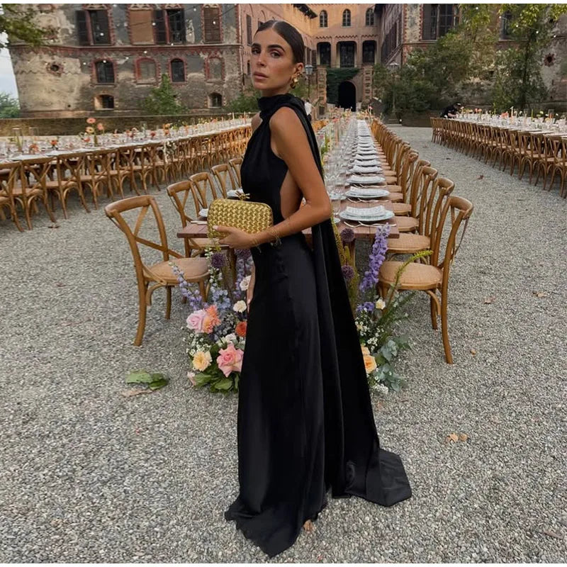 Abito da sera in raso con fiocco per donna – abito elegante schiena scoperta