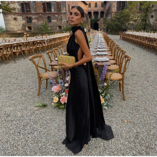 Abito da sera in raso con fiocco per donna – abito elegante schiena scoperta