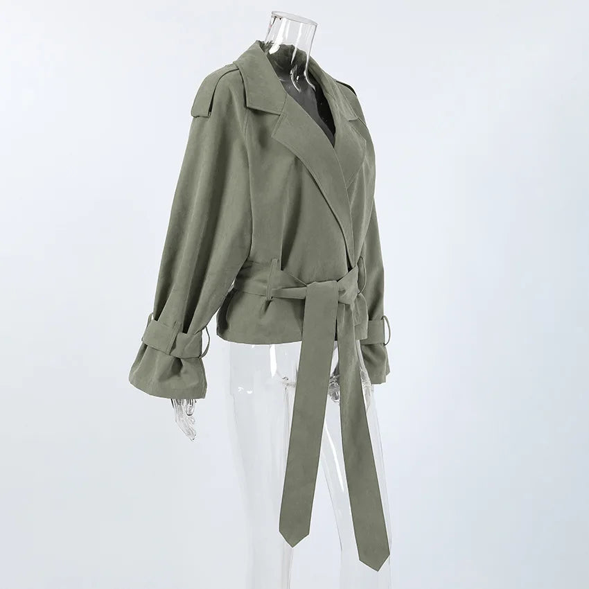 Trench coat corto con lacci per donna – Giacca a maniche lunghe, colletto a revers, abbottonatura singola, stile casual elegante per la primavera/autunno 2025