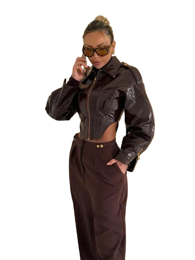 Giacca Biker Donna Effetto Pelle Lucida con Zip – Nero o Rosso