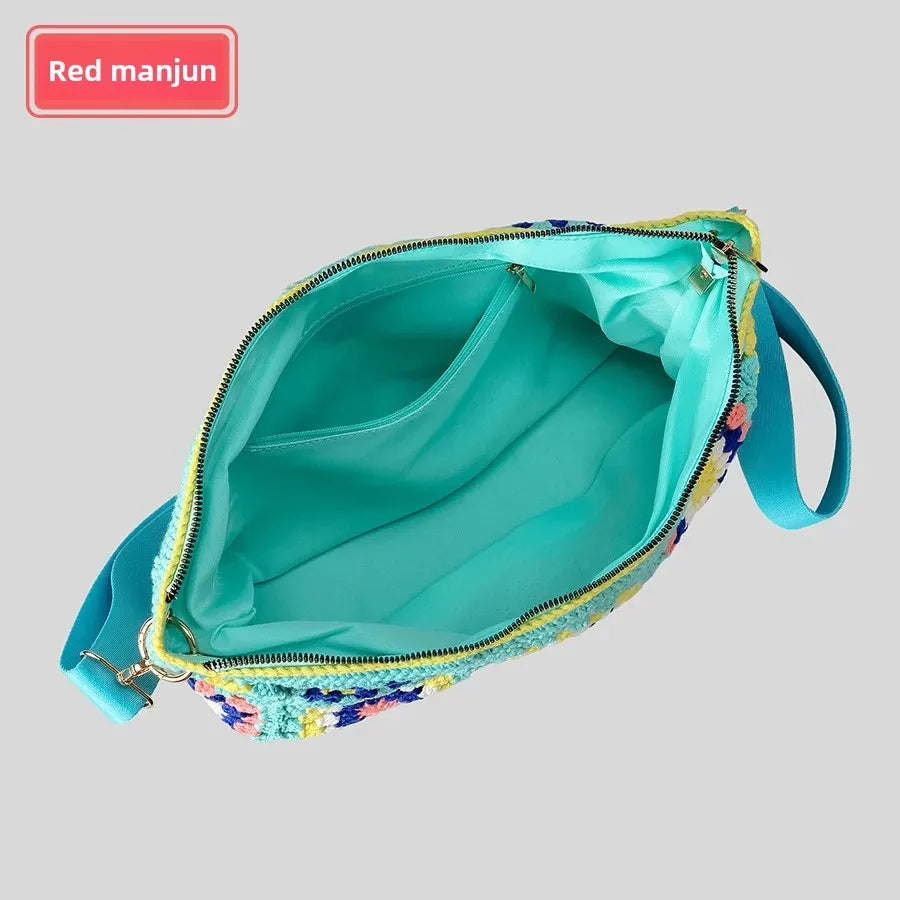 Borsa a tracolla in cotone uncinetto traforato – shoulder bag artigianale floreale con zip, stile boho