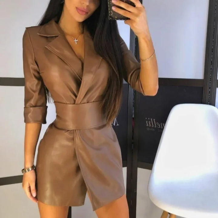 Cappotto in PU leather da donna 2025 – giacca long con cintura, stile elegante per autunno/inverno