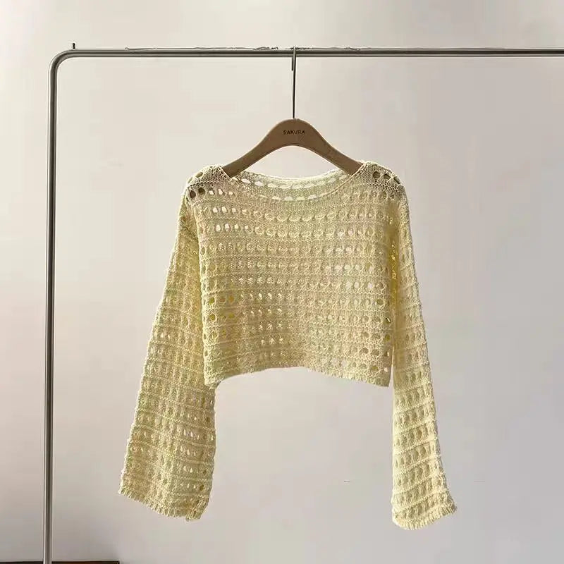 Top a manica lunga in maglia crochet donna –  boho chic trasparente