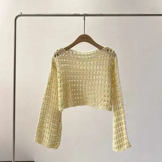 Top a manica lunga in maglia crochet donna –  boho chic trasparente