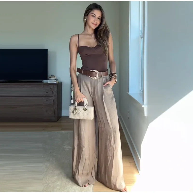 Completo donne 2025 – Pantaloni vita alta largo + body + top in coordinato con cintura inclusa
