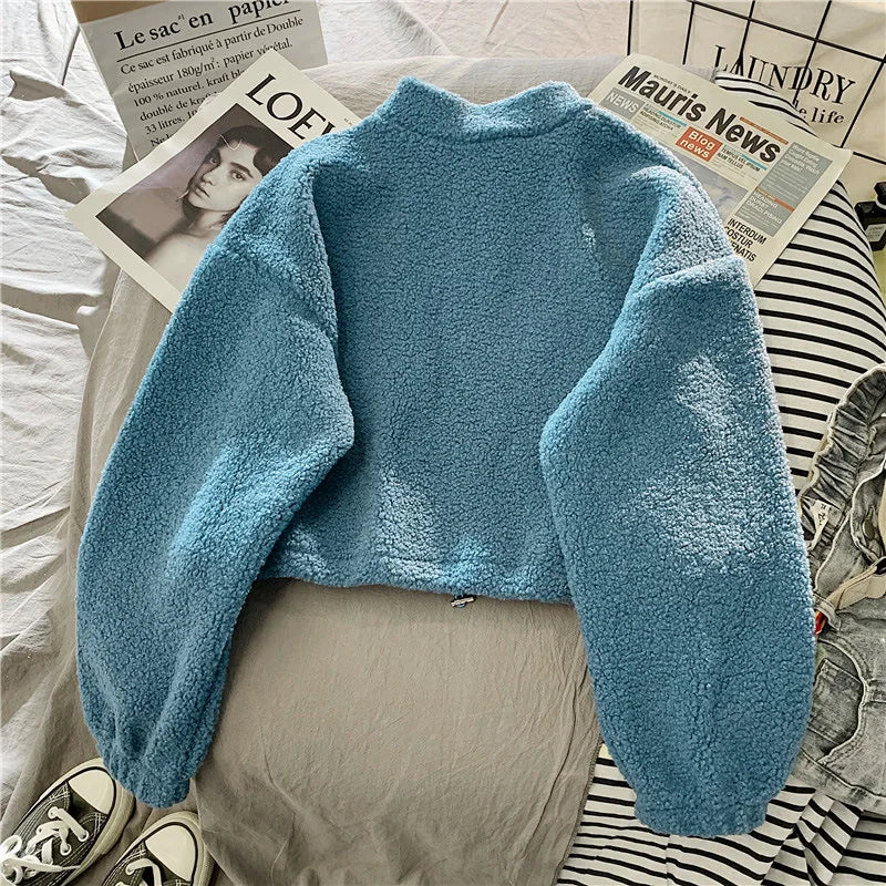 Felpa donna in pile con collo alto, zip e coulisse