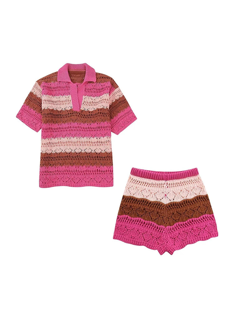 Co-ord estivo donna 2025 — Set maglia jacquard a righe con cardigan e shorts