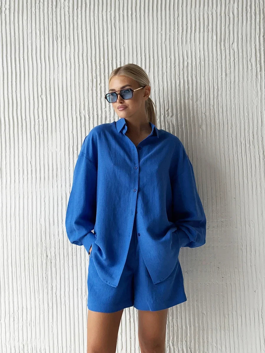 Completo donna Wolfeel 2025 – shorts vita alta in cotone e camicia con collo revers, casual summer