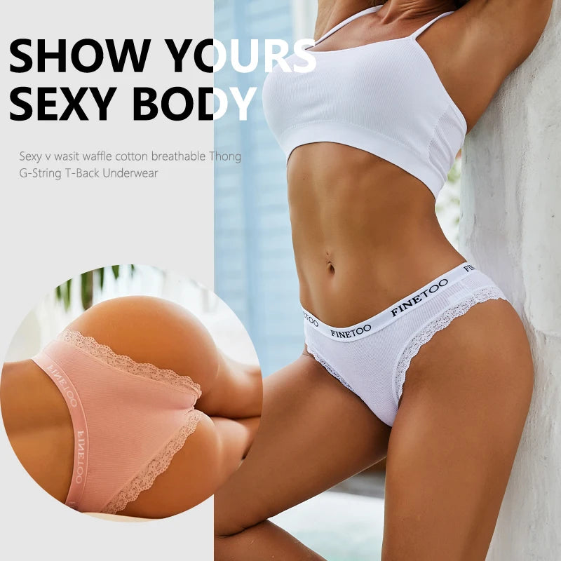 Set perizomi donna seamless in cotone + pizzo – vita bassa, T-back, soft comfort, taglie da M a 2XL