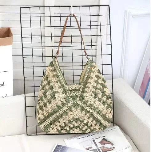 Borsa in paglia intrecciata traforata – straw hollow-out shoulder bag con tasca per smartphone, ideale per viaggio e shopping