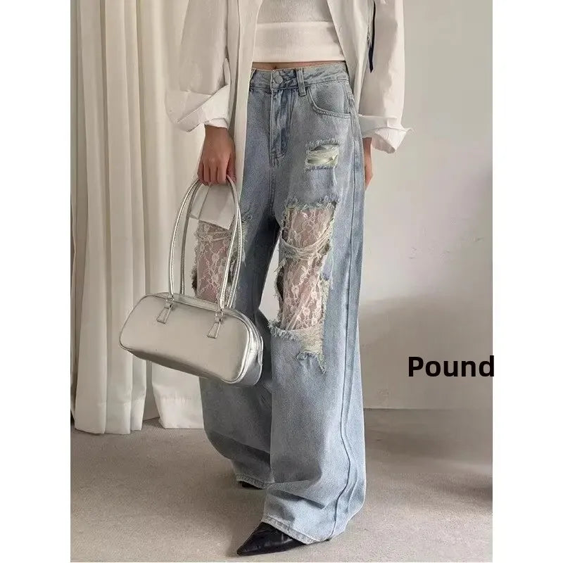 Jeans patchwork denim con inserti in pizzo – pantaloni larghi donna casual stile ribelle 2025