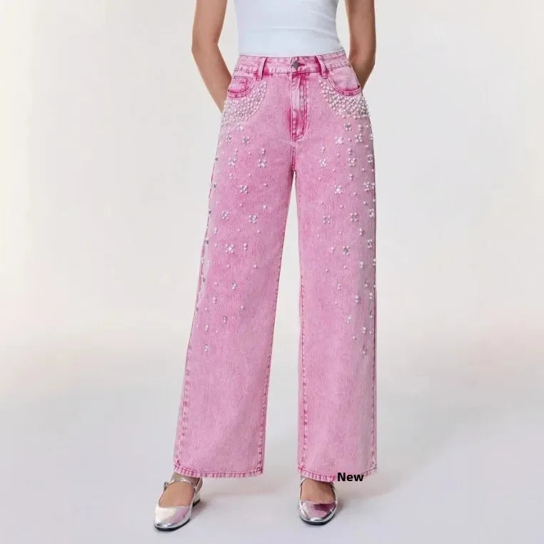 Jeans vita alta donna 2025 – denim lavaggio washed, gamba dritta con applicazioni in perle, stile trendy casual