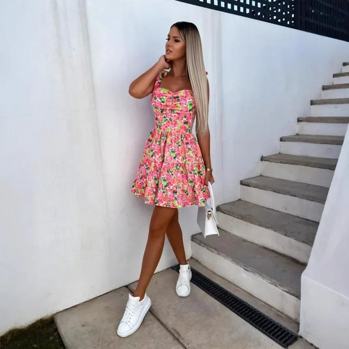Abito mini estivo 2025 con stampa, scollo halter, spalline regolabili – Vestito donna fresco e unico