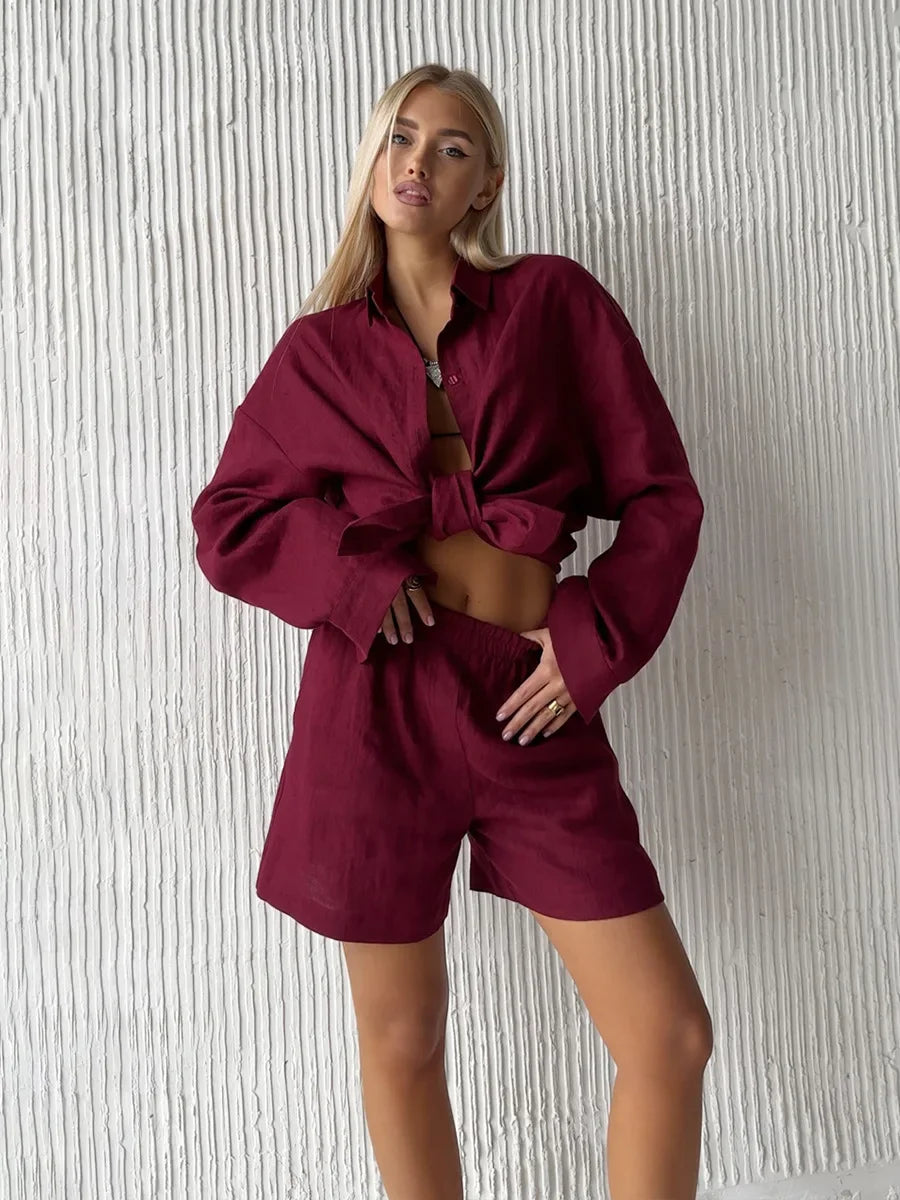 Completo donna Wolfeel 2025 – shorts vita alta in cotone e camicia con collo revers, casual summer