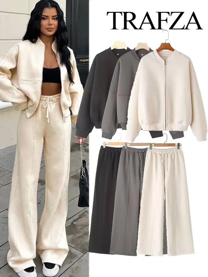 Completo donna autunnale con bomber corto e pantaloni palazzo vita alta – Outfit 2 pezzi