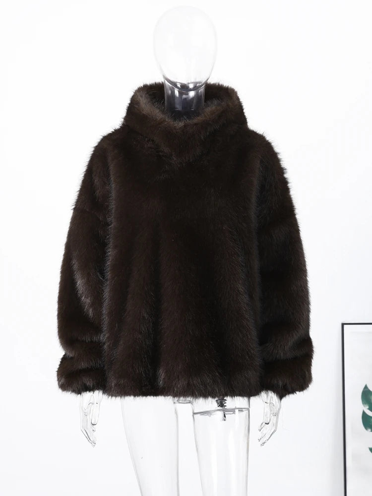 Felpa donna effetto pelliccia marrone con cappuccio
