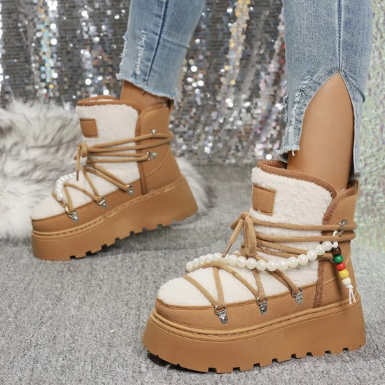 Stivali da neve donna invernali pelliccia – short boots imbottiti lamb-fur, punta tonda, stile retrò per città e montagna