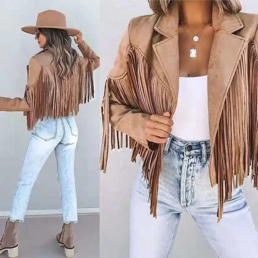 Giacca in pelle scamosciata con frange per donna – Giacca corta con colletto e maniche lunghe