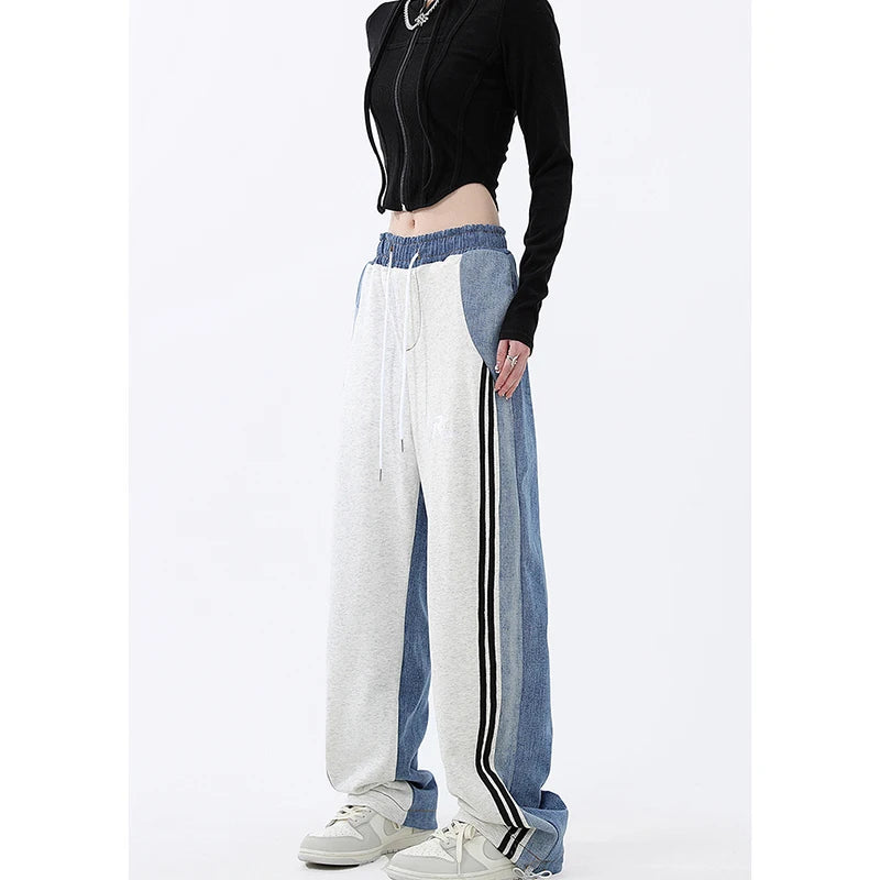 Pantaloni wide leg spliced donna – modello vita alta elasticizzata con tasche a contrasto, pantaloni larghi casual