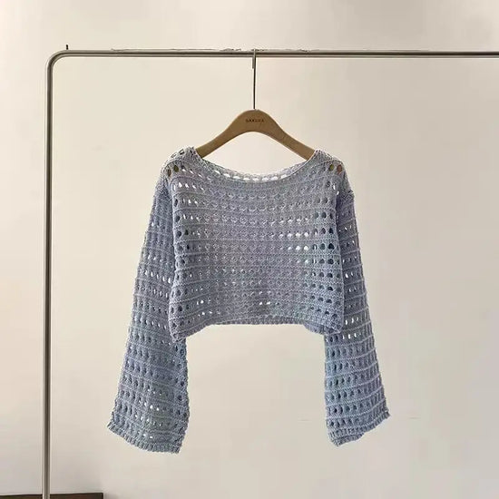 Top a manica lunga in maglia crochet donna –  boho chic trasparente