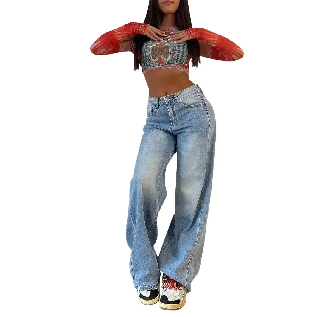 Jeans donna vita alta gamba larga stile retrò americano – pantaloni dritti casual chic