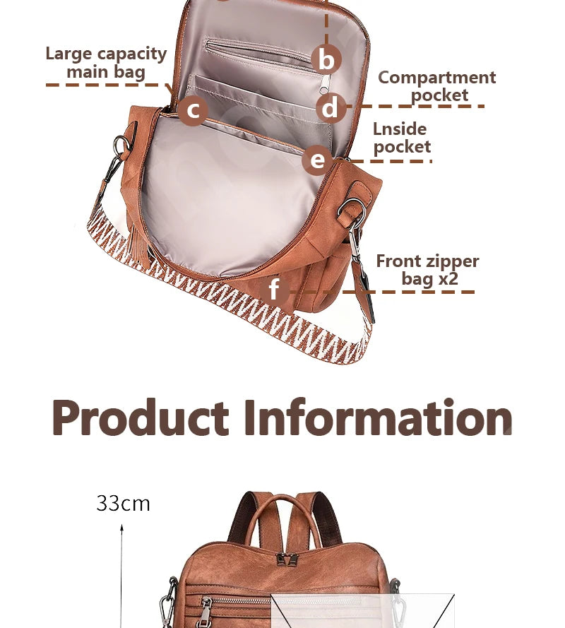 Zaino donna in pelle sintetica impermeabile + ant-furto – travel business college backpack grande capacità con nappina 2025