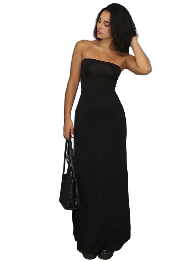 Abito Nero Elegante HugCitar – Maxi Dress Strapless Bodycon per Cerimonie, Party e Serate